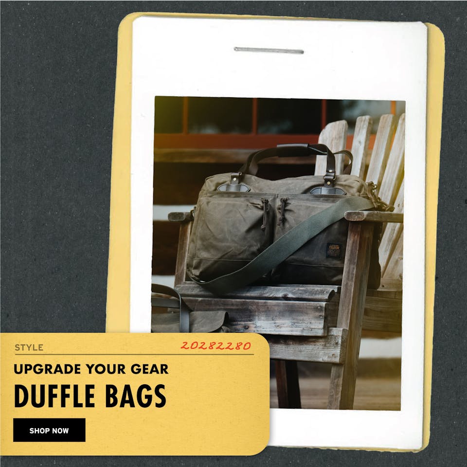 an image of FIlson's 48 hr duffle with the words 'Upgrade Your Gear: Duffle Bags' and a 'shop now' button superimposed onto the image