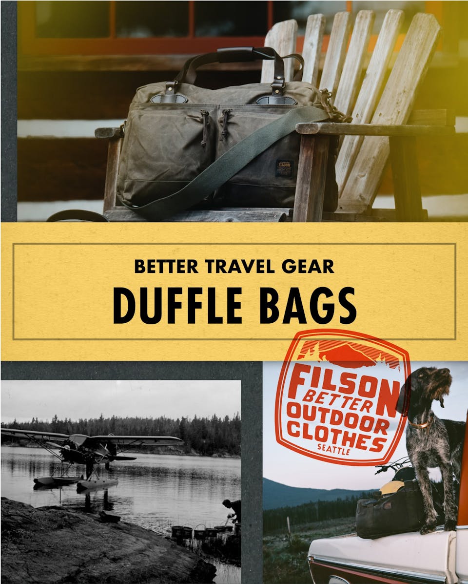 an image of filson duffle bags with the words 'better travel gear: duffle bags' superimposed atop the image
