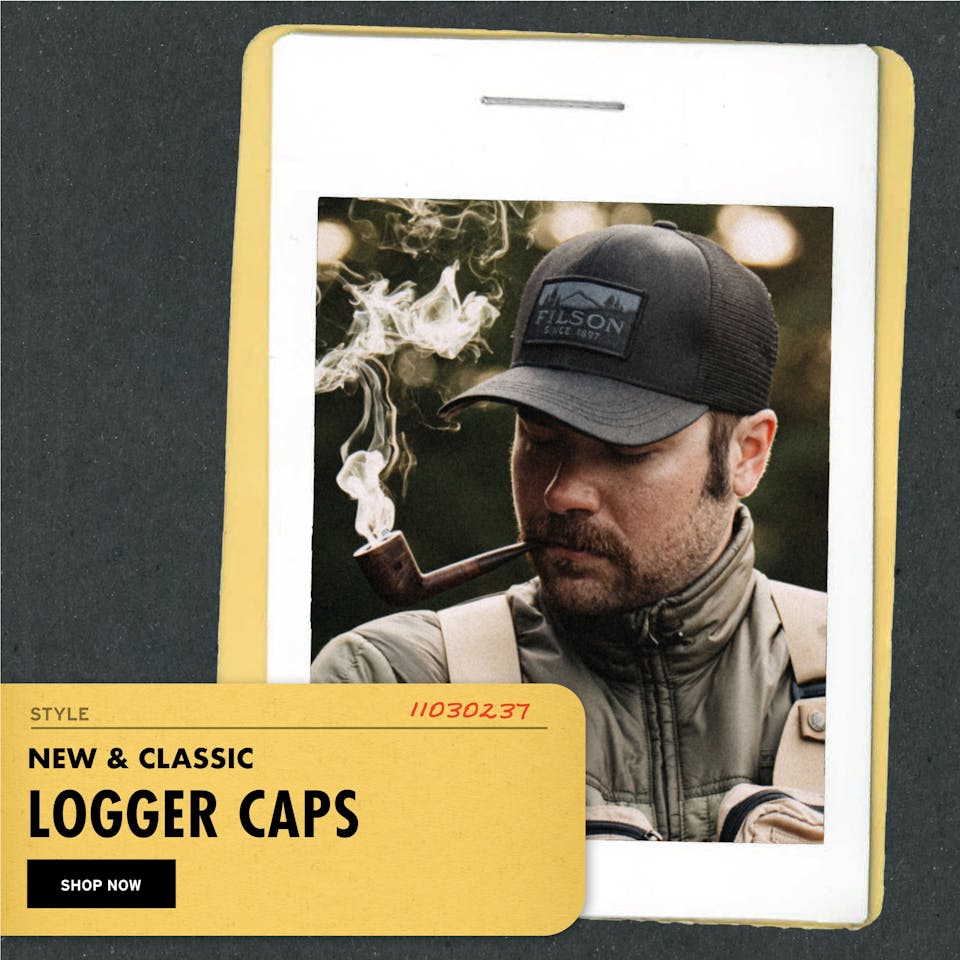 an image filson logger caps with the words 'New & Classic: Logger Caps' and a 'shop now' button superimposed onto the image