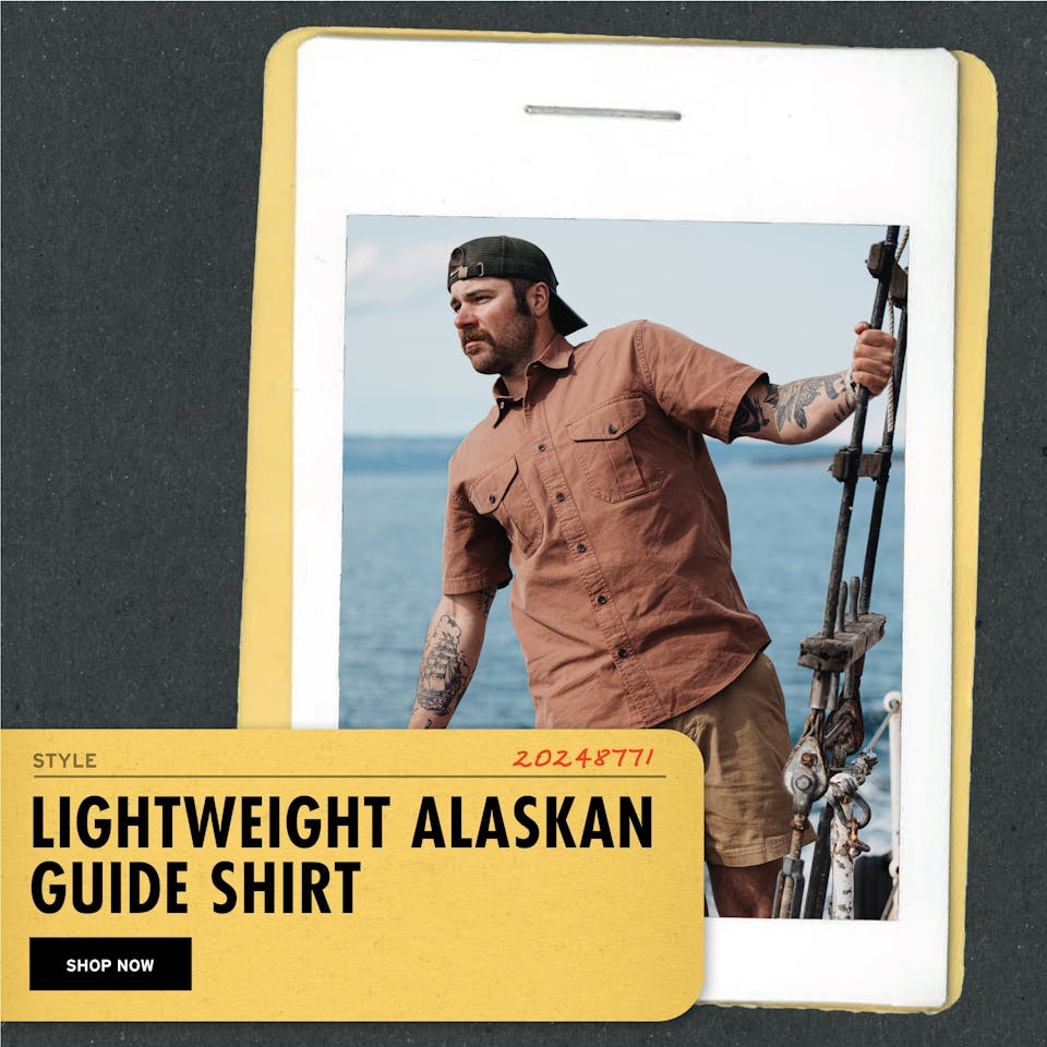 an image of the short sleeve ak guide shirt with the words 'Lightweight Alaskan Guide Shirt' and a 'shop now' button superimposed onto the image