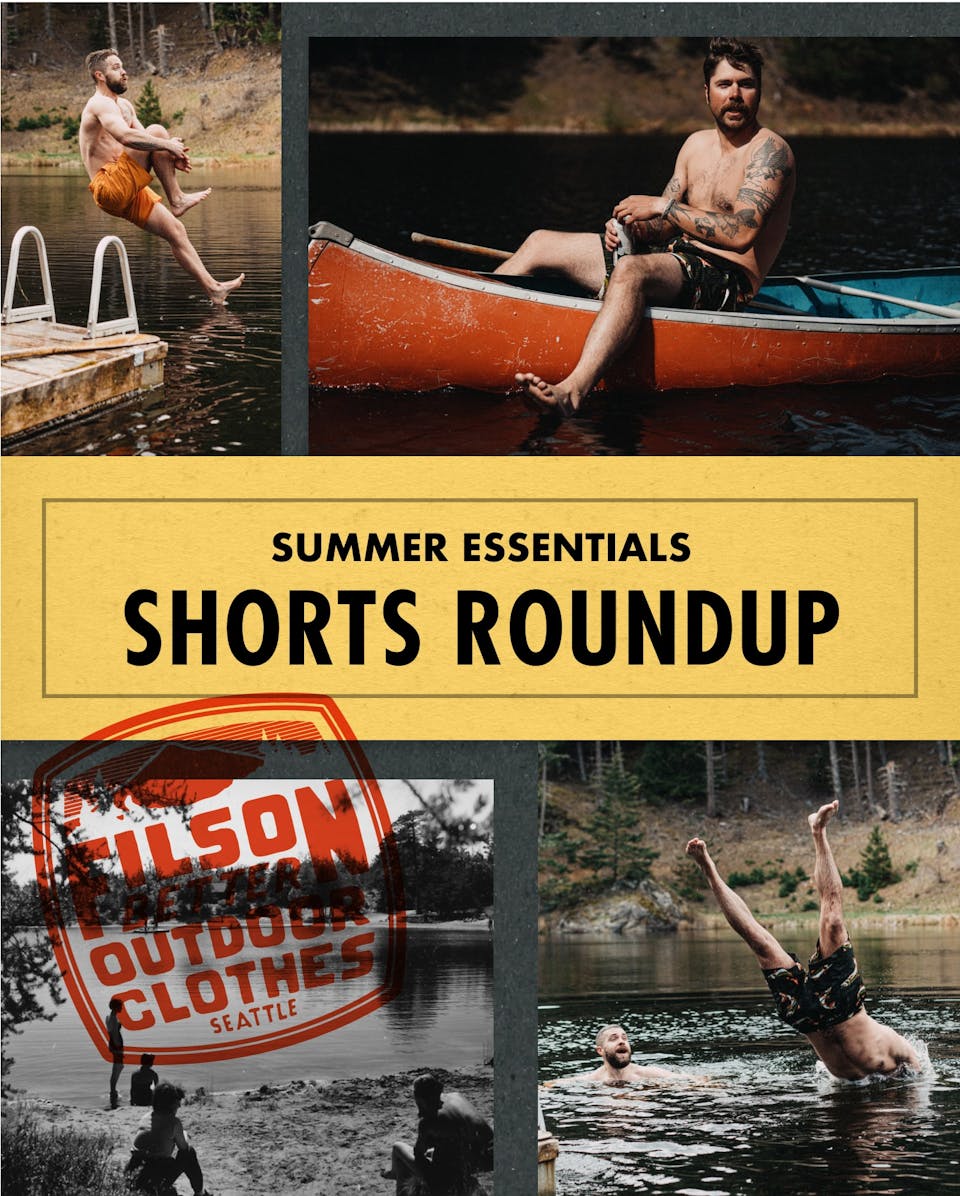 an image of filson shorts with the words 'summer essentials: shorts roundup' superimposed atop the image