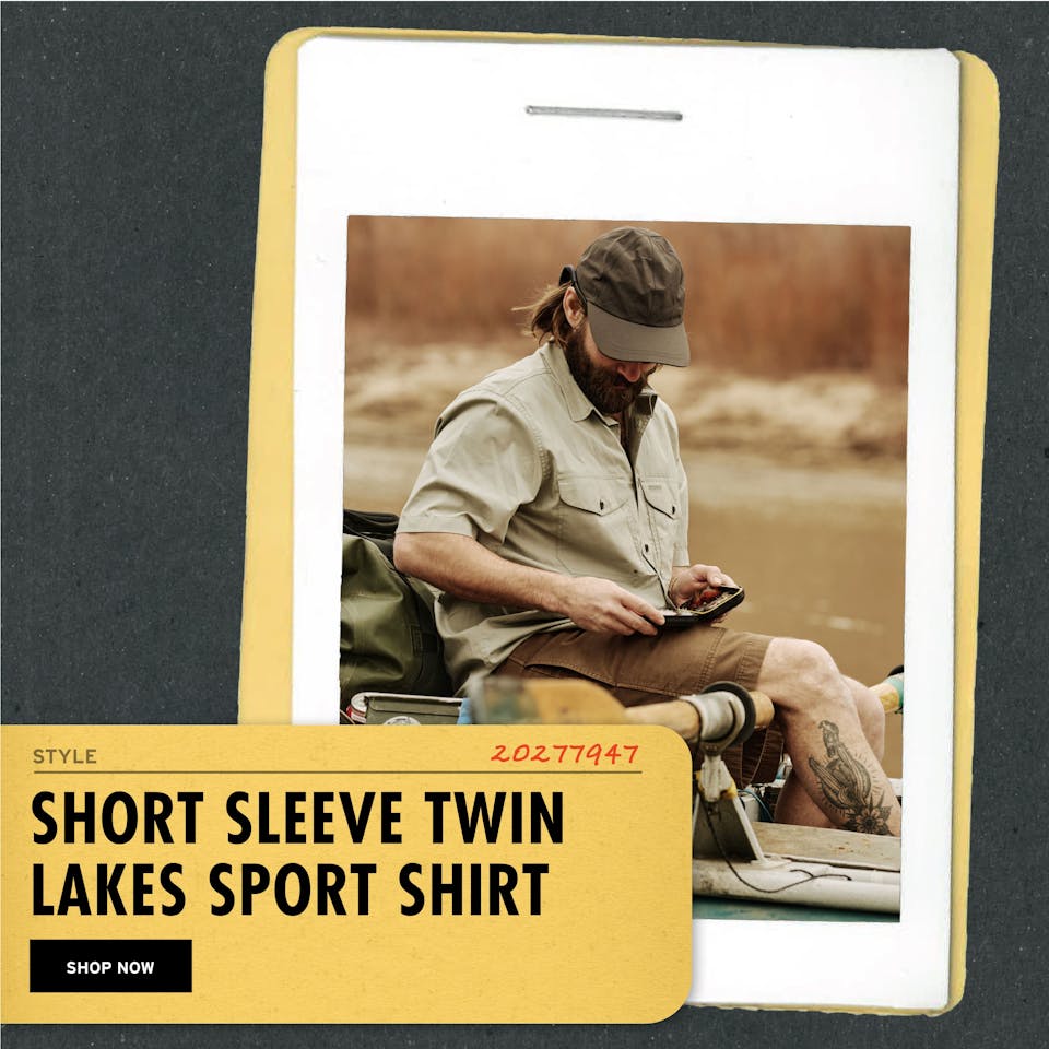 An image of a man wearing Filson twin lakes sport shirt with the words 'Short Sleeve Twin lakes sport shirt' as well as a 'shop now' button superimposed onto the image