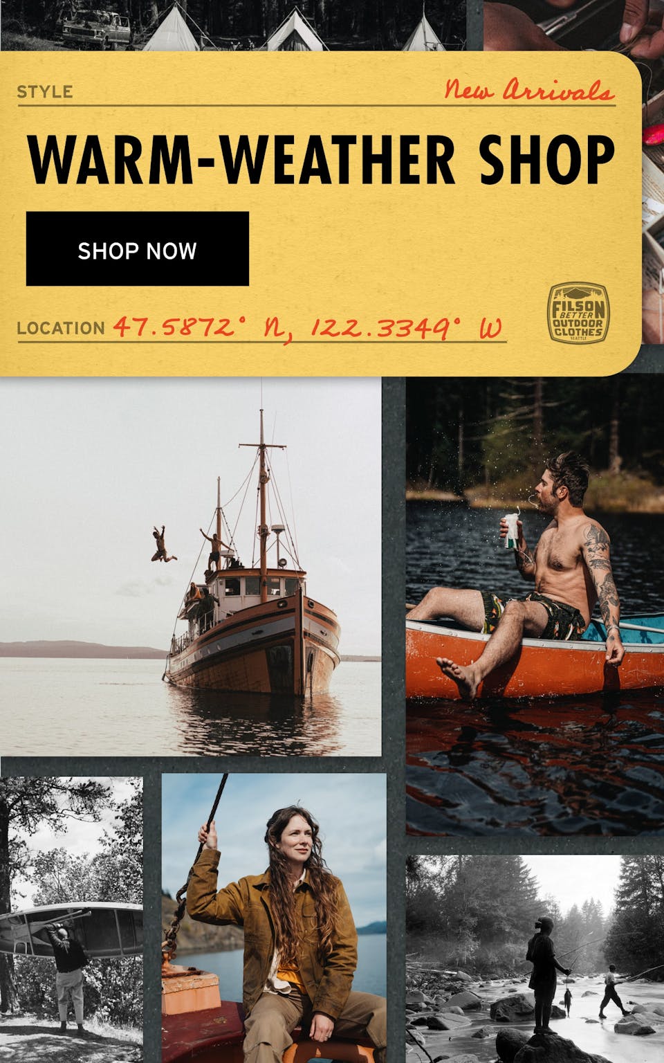 a collage of images featuring Filson's warm weather products with the words 'Warm Weather Shop' and a 'Shop Now' Button overlayed on the collage